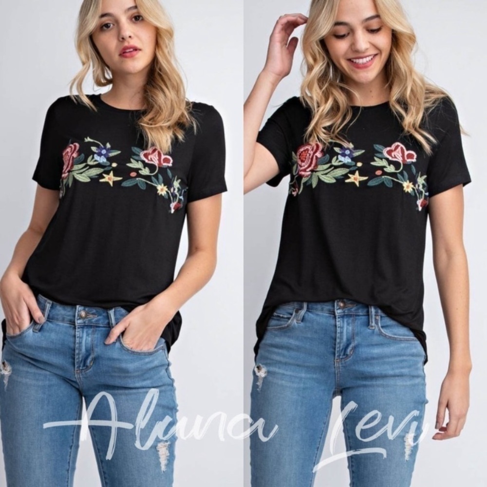 Floral Embroidery Accent Tee